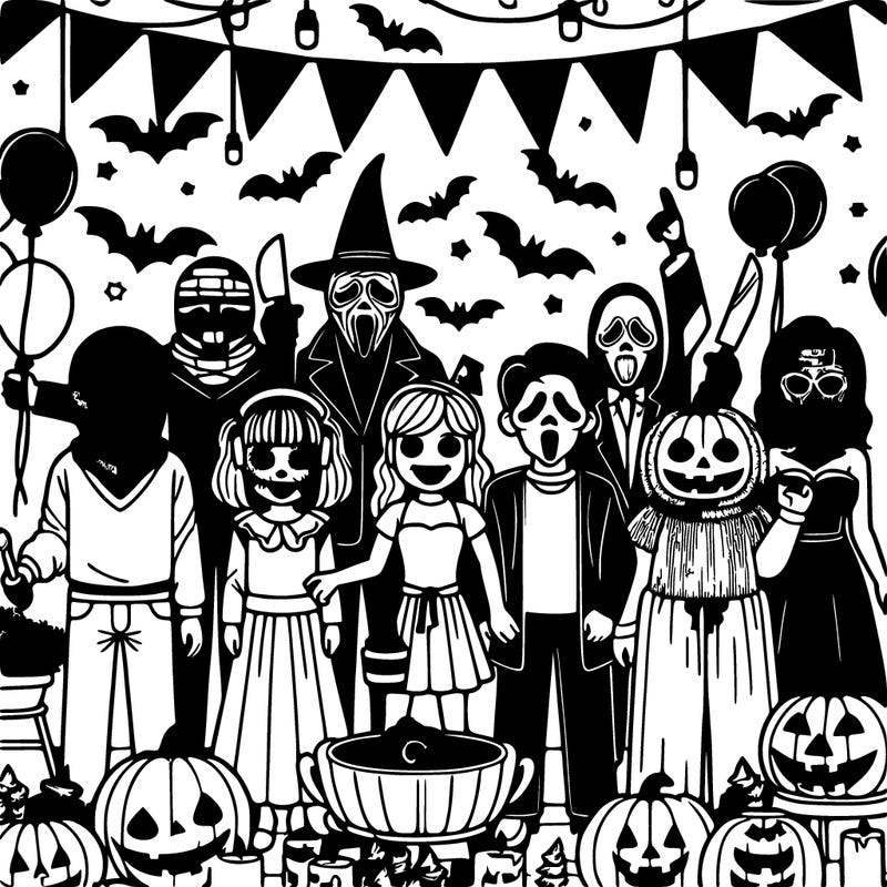 halloween party with horror movie costumes and party decorations and pumpkins