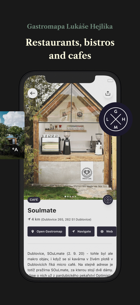 Placehunter App-Bildschirm mit kuratierten Restaurants und Bistros mit hochwertigen Fotos