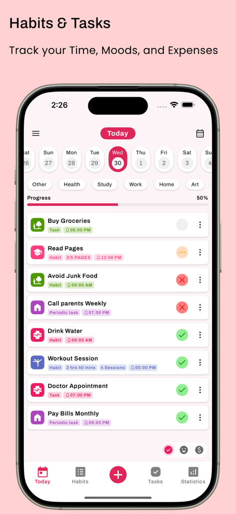 Habit Tracker - HabitGenius - Interfaz de iPhone de la aplicación HabitGenius que muestra una lista diaria de hábitos y tareas como beber agua y hacer ejercicio con una barra de progreso del 50 por ciento