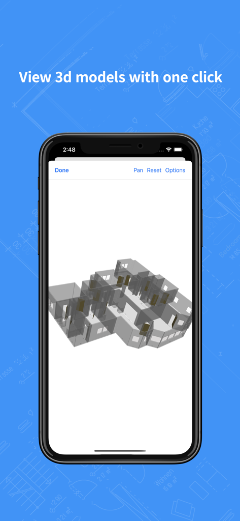 RenoPlan app displaying a 3D architectural floor plan model on a smartphone screen.