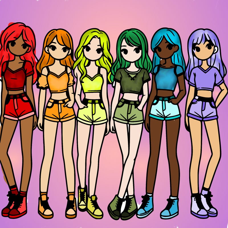 a group of girls wearing crop tops and shorts