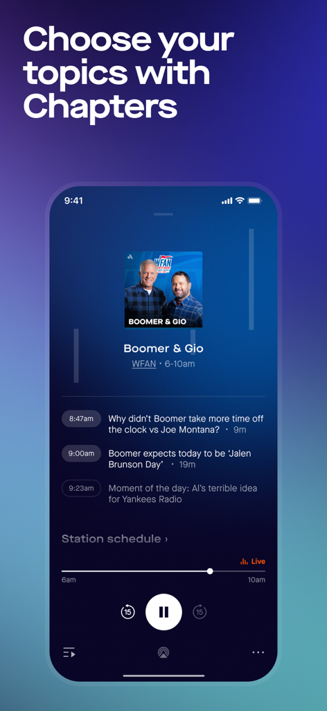 Audacy: Radio & Sports Talk - Pantalla de la aplicación Audacy mostrando la función de Capítulos para navegar por segmentos de un programa de radio deportiva.