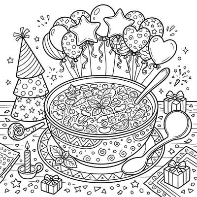 Get ready to celebrate a delicious birthday with this unique Minestrone soup coloring page! Immerse yourself in a festive scene packed with party essentials and wholesome ingredients, perfect for all ages.