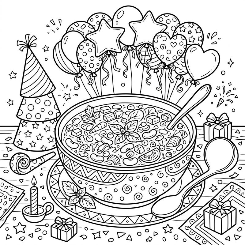 Get ready to celebrate a delicious birthday with this unique Minestrone soup coloring page! Immerse yourself in a festive scene packed with party essentials and wholesome ingredients, perfect for all ages.