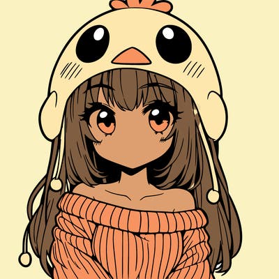 anime girl with chick shaped hat with sweater with bare shoulders with bangs covering them one eye with low tail