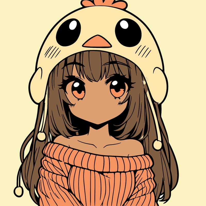 anime girl with chick shaped hat with sweater with bare shoulders with bangs covering them one eye with low tail
