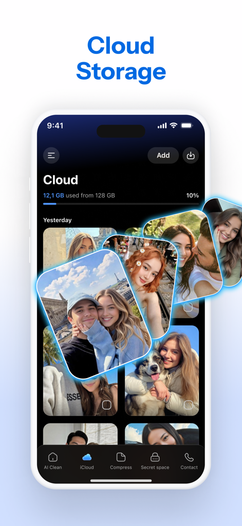 SmartClean AI: Storage Cleaner - SmartClean AI app interface showing cloud storage usage and a gallery of photos for management