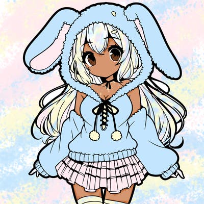 pretty anime girl wearing a fluffy hoodie with bunny ears on the hood and a skirt
