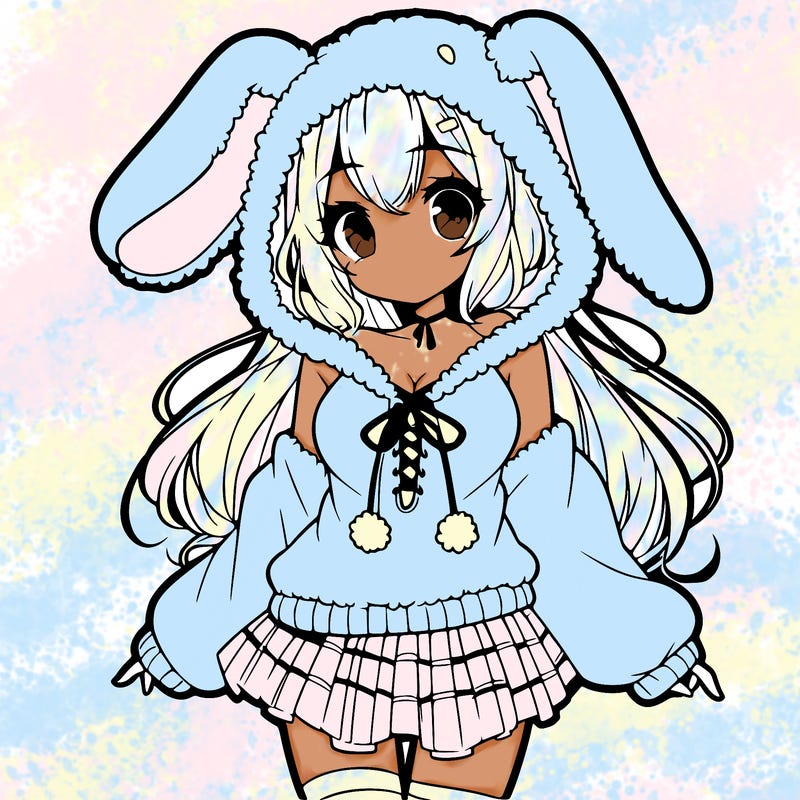 pretty anime girl wearing a fluffy hoodie with bunny ears on the hood and a skirt