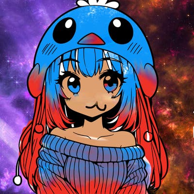 anime girl with chick shaped hat with sweater with bare shoulders with bangs covering them one eye with low tail