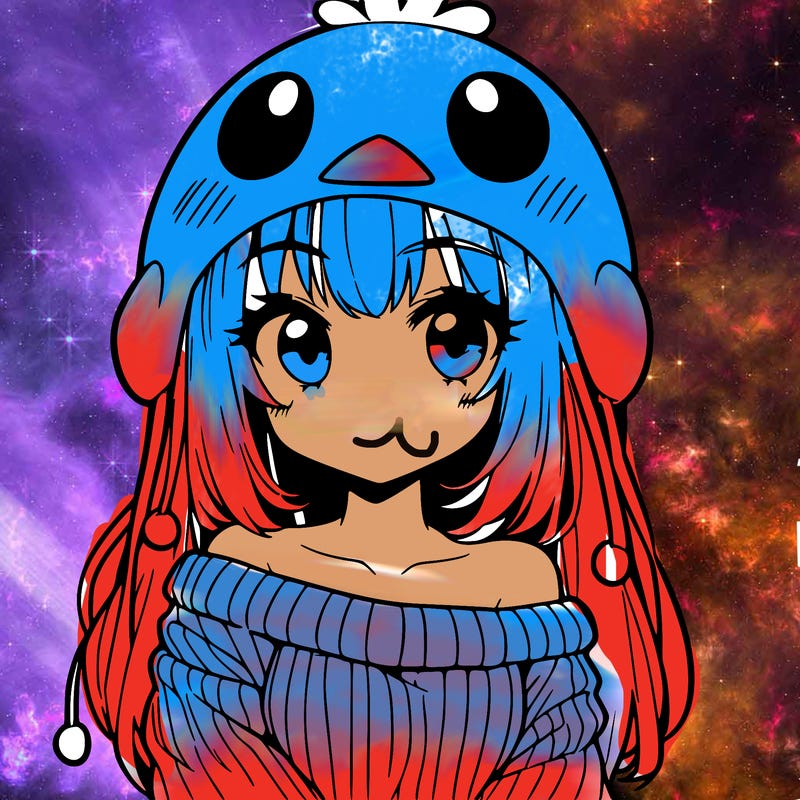 anime girl with chick shaped hat with sweater with bare shoulders with bangs covering them one eye with low tail