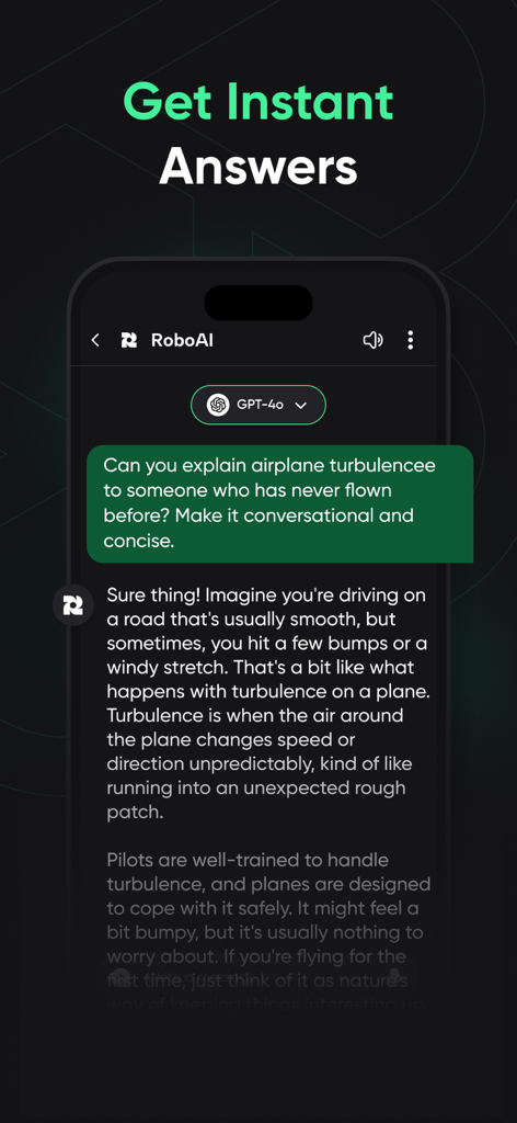 RoboAI - Chat & Ask AI Chatbot - RoboAI mobile app interface showing a chat conversation about airplane turbulence using the GPT-4o model