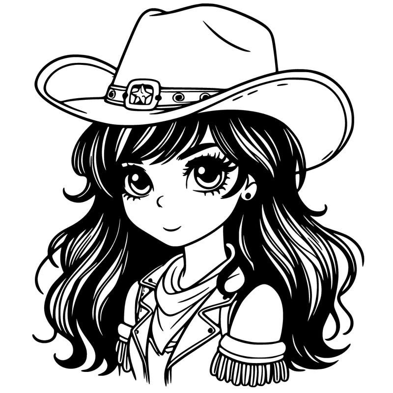 a cowboy girl with a hat, black hair and very pretty