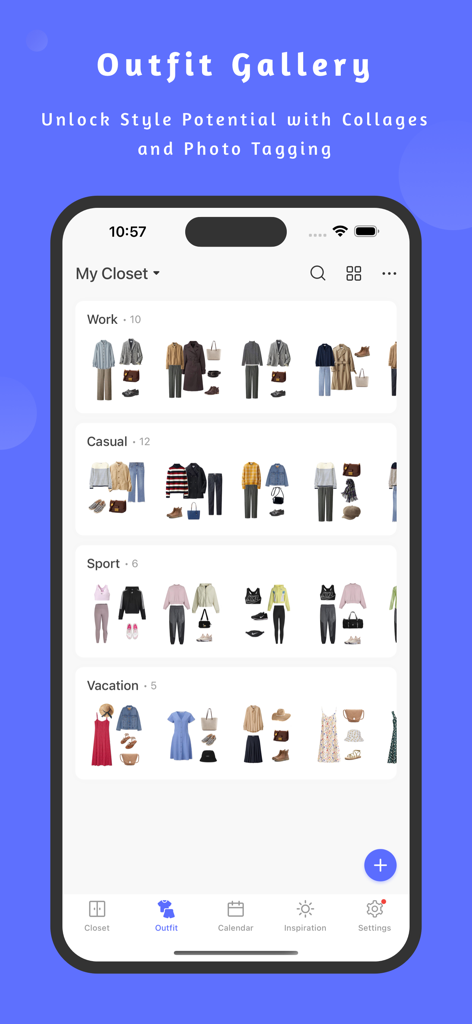 Interface of the SimpleCloset app showing the outfit gallery with categorized clothing collages for work casual and vacation