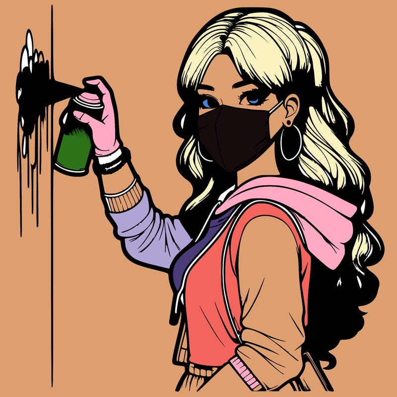 realistic girl with mask spray painting a wall