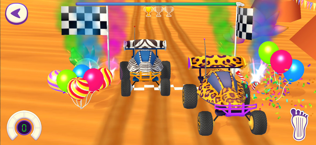 Zebra and leopard print toy cars crossing a finish line with balloons and confetti in a racing mini game for kids