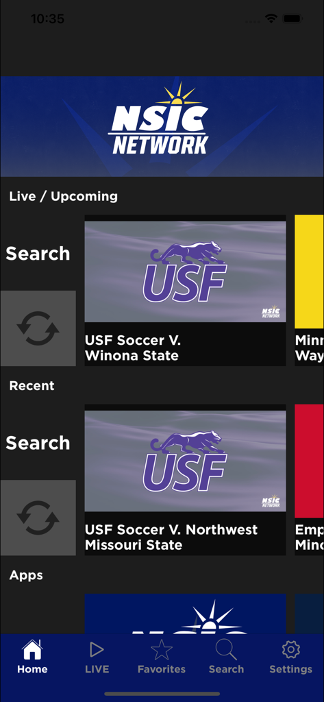The home screen of the NSIC Network app displaying live and upcoming soccer matches.
