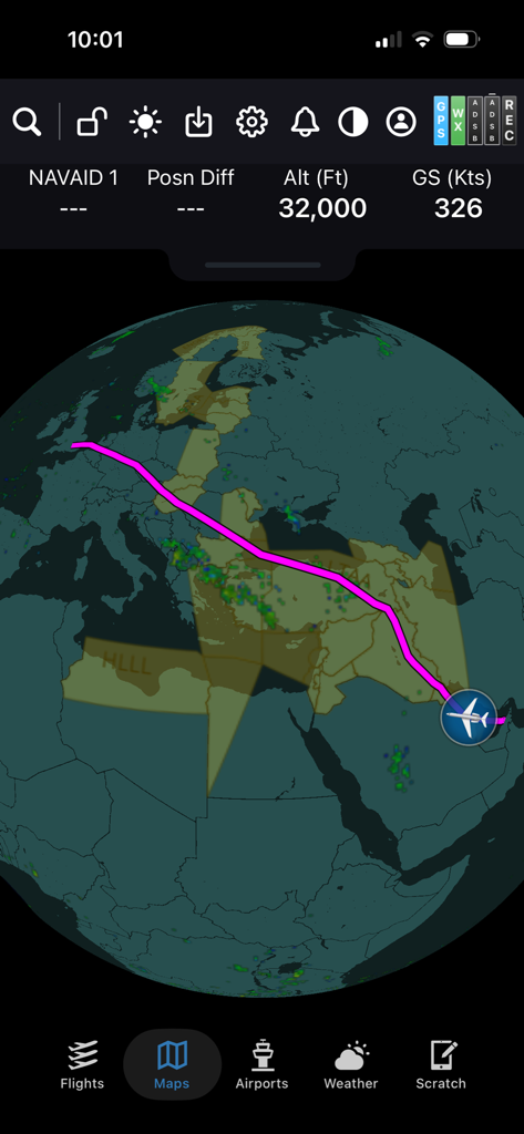 APG Pilot ONE moving map showing flight path altitude and speed tracking.
