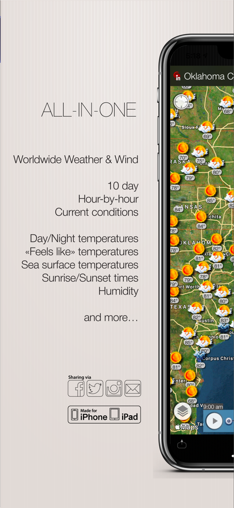 World Weather Map Live - Captura de pantalla de iPhone de Mapa Meteorológico Mundial en Vivo que muestra las características del pronóstico meteorológico global y datos de mapas interactivos