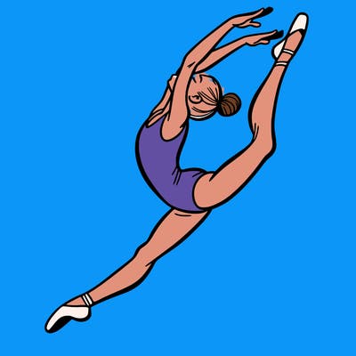 gymnast doing a leap in a leotard with a bent back leg