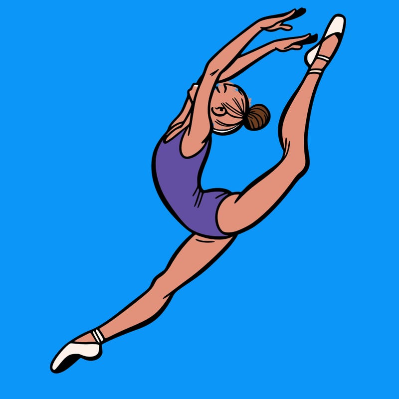 gymnast doing a leap in a leotard with a bent back leg