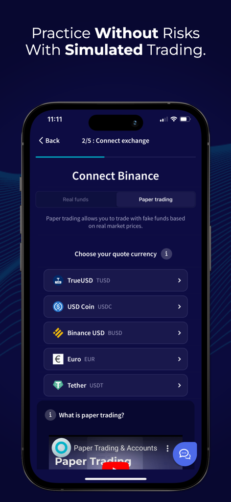 Cryptohopper - Crypto Trading - Cryptohopper mobile app interface showing paper trading setup to practice crypto trading without risks