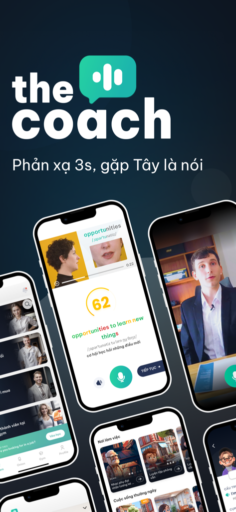 The Coach: tiếng Anh giao tiếp - Interface of The Coach app for Vietnamese speakers learning English communication with video lessons and scenarios