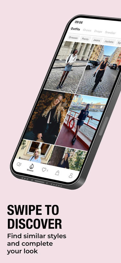 ABOUT YOU Online Fashion Shop - Écran mobile de l'application À PROPOS DE VOUS affichant un flux de découverte de tenues avec des photos de mode lifestyle