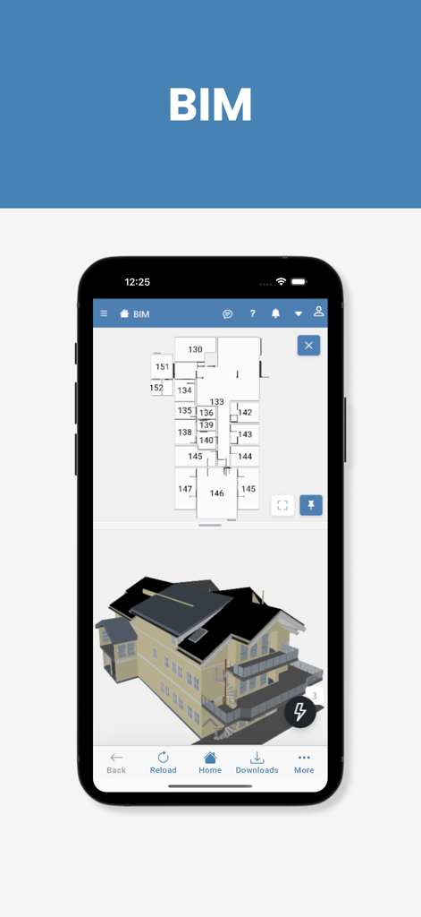Omega 365 - Omega 365 app displaying a 2D floor plan and 3D building information model.