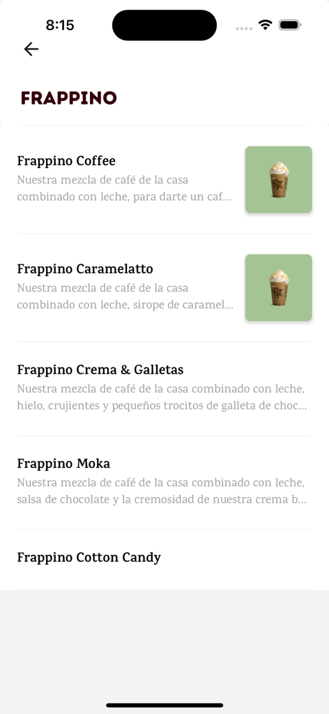 Speisekarte der Casa del Cafe mobilen App mit Frappino-Kaffeegetränken