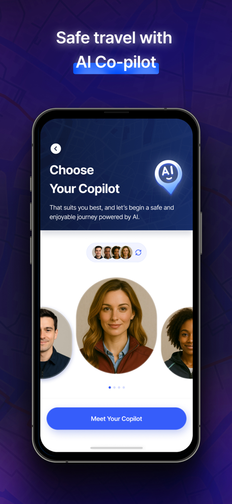 MapXplorer: Map Radar Navigate - AI co-pilot selection screen in the MapXplorer navigation app