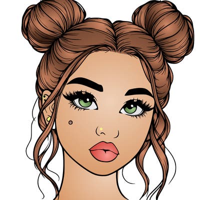 realistic girl with two buns on her hair and lips