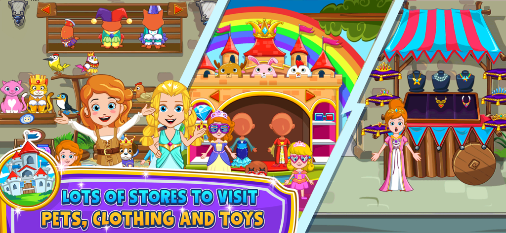 マイリトルプリンセス ストア ゲームのペット、衣料品、おもちゃ店を訪れるキャラクターたち。