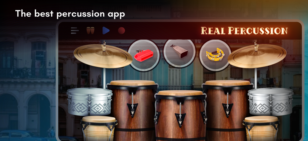 Interface do aplicativo Real Percussion com congas virtuais, bongôs, pratos e acessórios como pandeiro e cowbell.