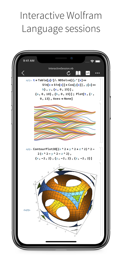 Wolfram Cloud - Una interfaz móvil de Wolfram Cloud mostrando complejas visualizaciones matemáticas 2D y 3D generadas a partir de código de Wolfram Language.