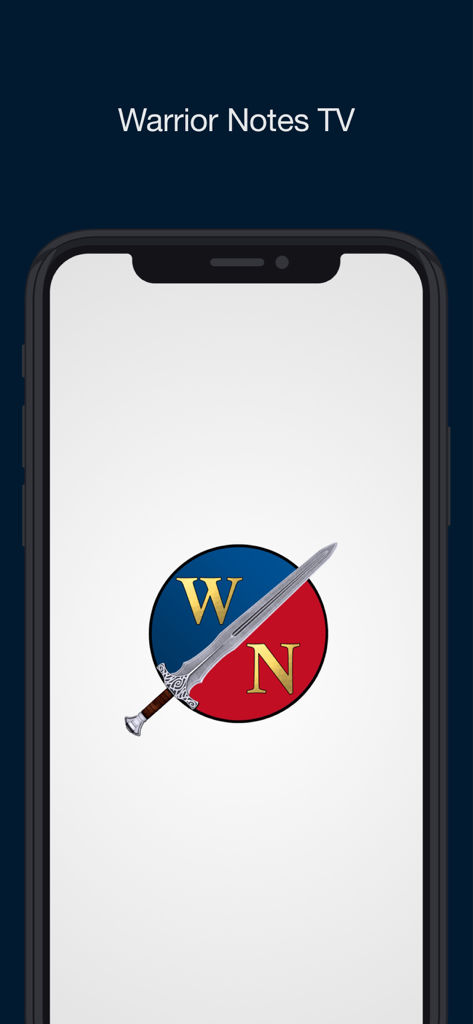 Warrior Notes TV app splash screen featuring a sword logo and the initials WN on a blue and red background