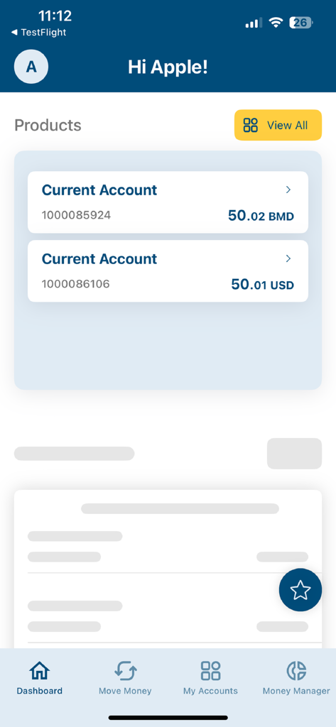 BCB Mobile Banking App - BCB Mobile Banking App dashboard displaying multi-currency account balances in USD and BMD