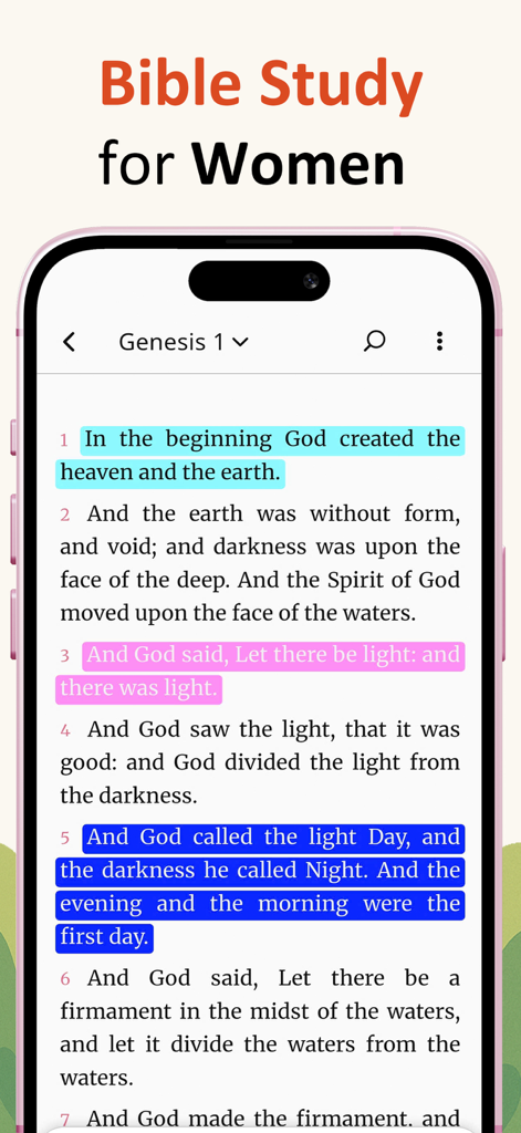 Daily Devotional For Women 365 - Aplicativo de estudo bíblico para mulheres exibindo Gênesis 1 com destaque de versículos codificados por cores