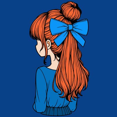 realistic girl  with hip length hair a bun and a big bow on the back of head