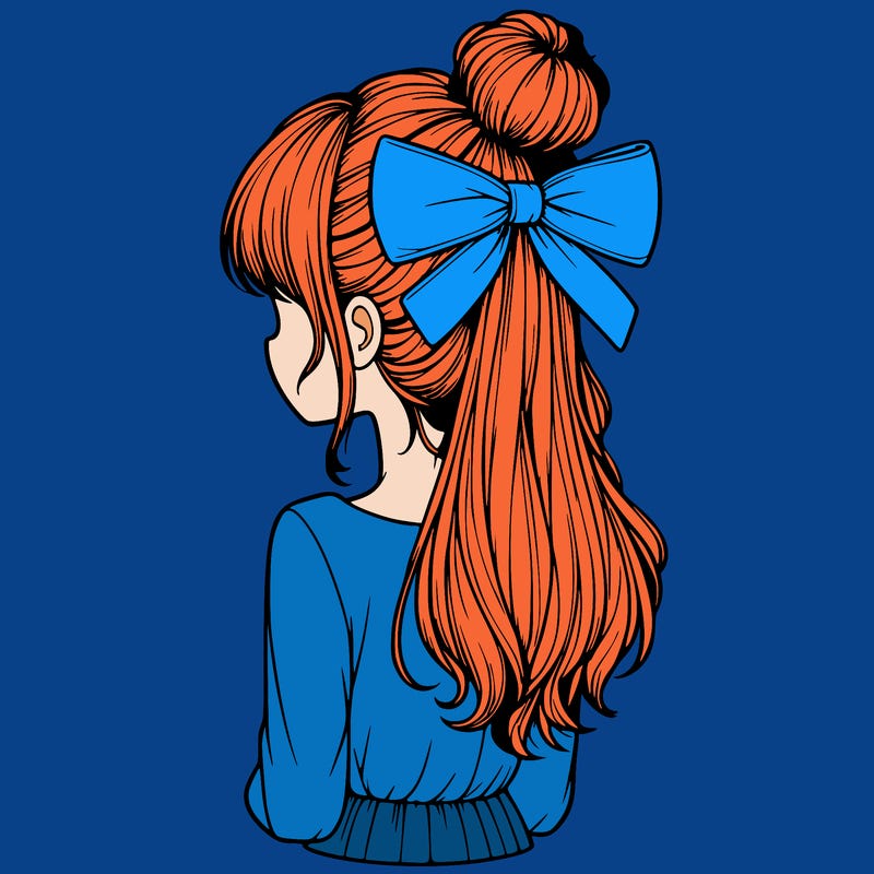 realistic girl  with hip length hair a bun and a big bow on the back of head
