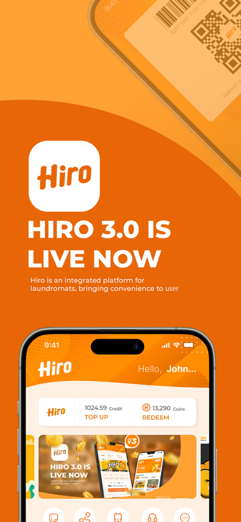 Hiro - Promotional screen of the Hiro laundry app showing a user dashboard with credit balance and coin redemption options.