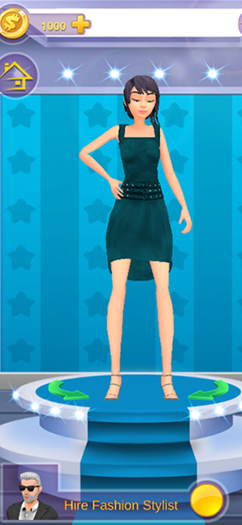 Selfie Girl Fashion Vlog Games - A girl character in a teal dress posing on a fashion runway stage