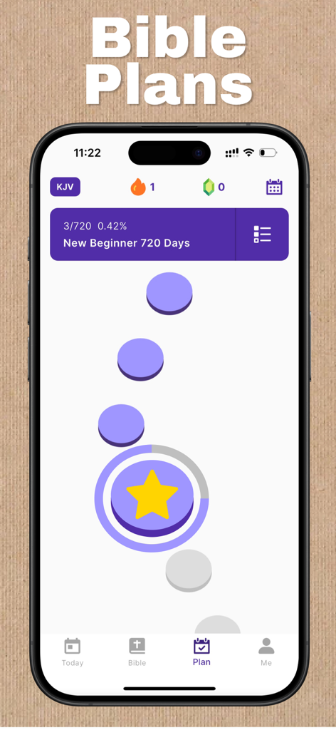 The Bible - KJV Bible & Verse - Una captura de pantalla que muestra una interfaz de plan de lectura bíblica gamificado con un icono de estrella de camino de progreso y seguimiento de rachas diarias