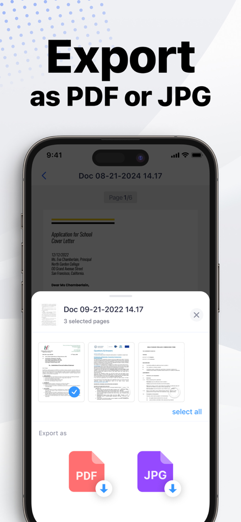 Smart Printer App: Printer - La interfaz de Smart Printer App que muestra la opción de exportar documentos escaneados como archivos PDF o JPG.