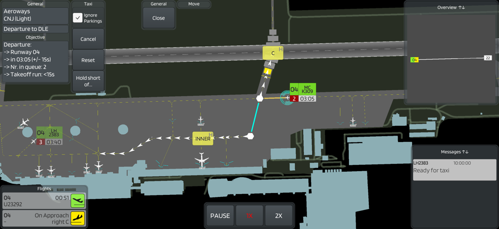 Captura de pantalla del juego de Hello Tower que muestra una vista cenital del control de tierra de aeronaves y la gestión de calles de rodaje