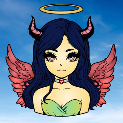 realistic girl with horns and wings and halo