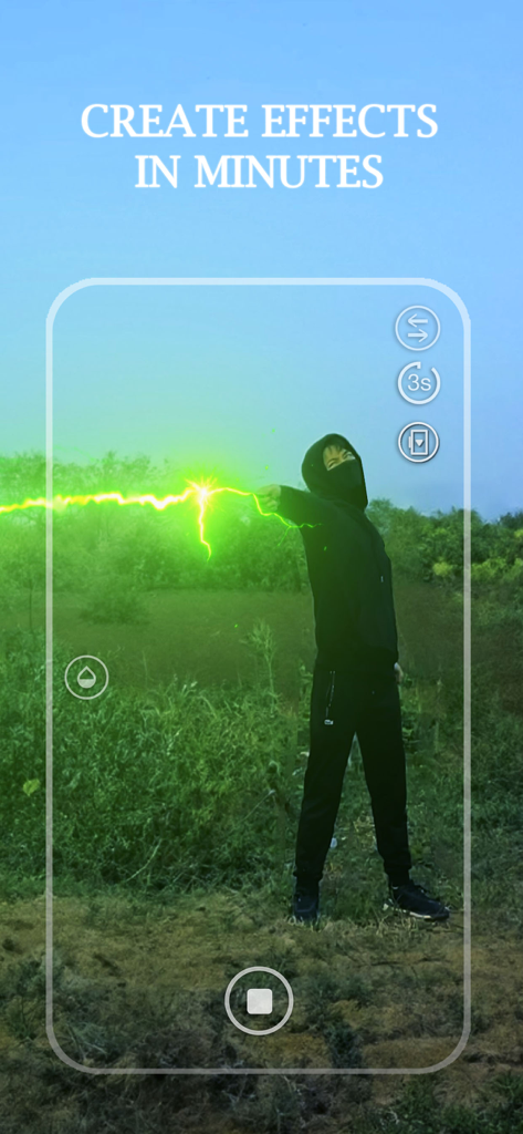 VFX Video Editing Super Powers - A person creating a green lightning superpower effect with the VFX Video Editing app camera interface.