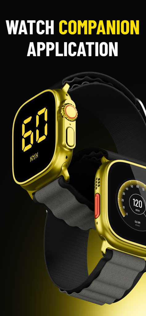 Speedometer: GPS Tracker - Aplicación complementaria Speedometer GPS Tracker para Apple Watch que muestra la velocidad actual y las métricas de distancia en una esfera de reloj dorada.