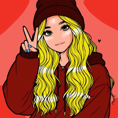 a teenage girl in a beanie, oversized sweatshirt, wavy long hair, and is showing a ✌️