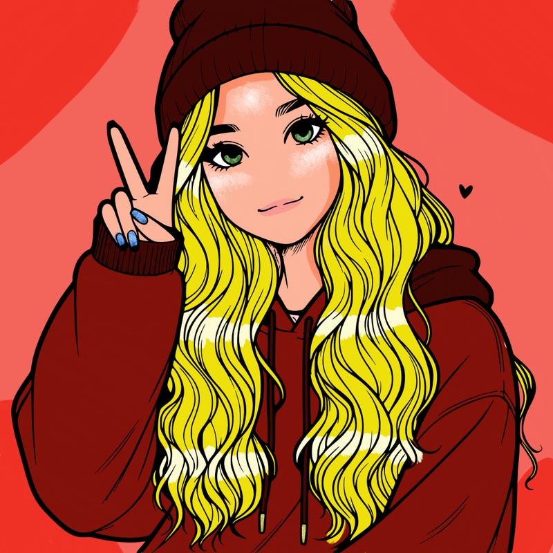 a teenage girl in a beanie, oversized sweatshirt, wavy long hair, and is showing a ✌️